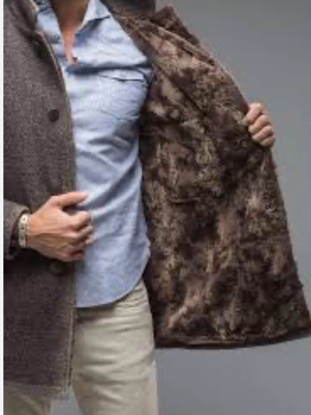 Gimo's Gray Knit Coat Italy XL Herringbone Wool Coat Faux-Shearling Lined $1595